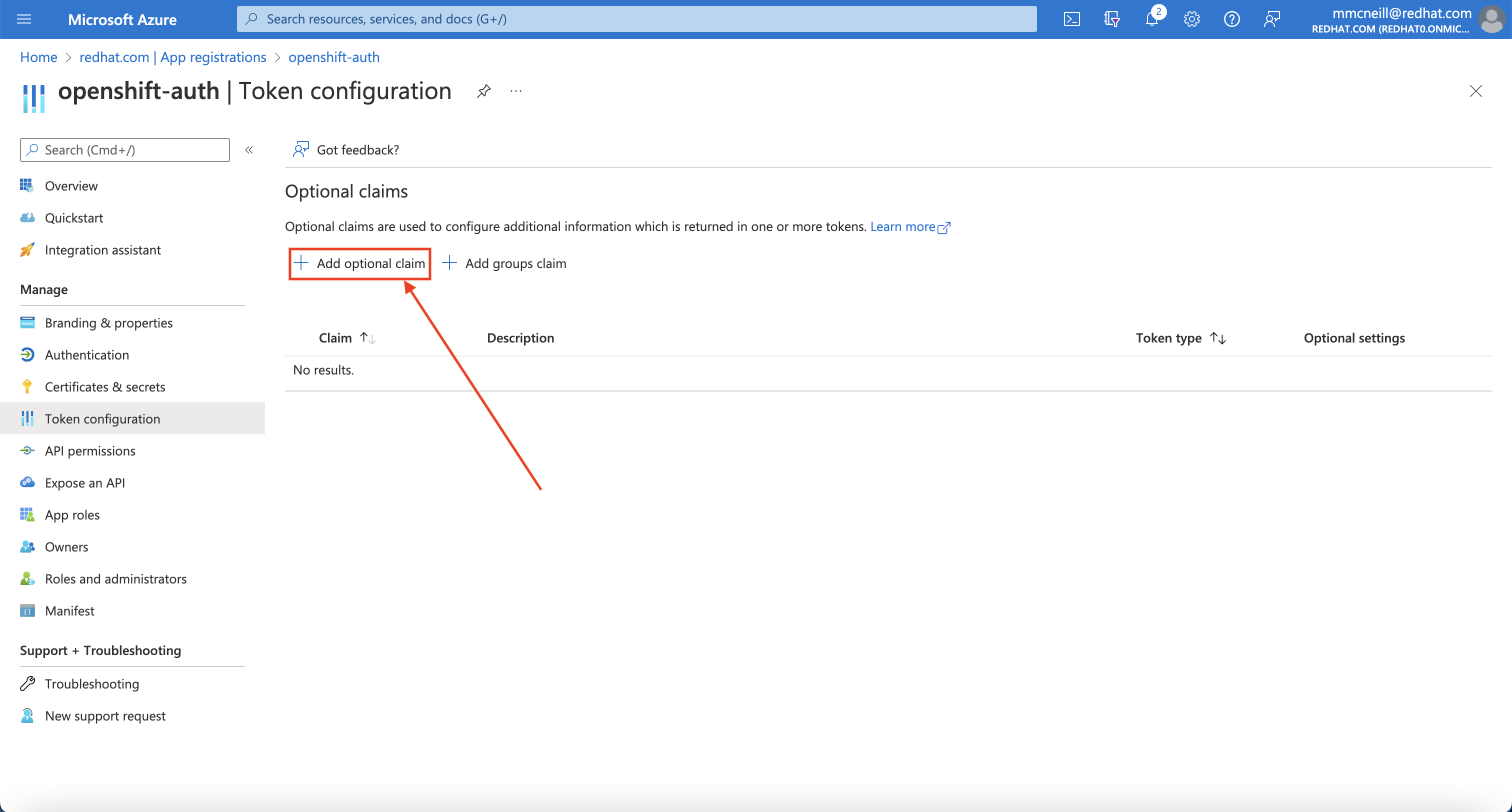 Azure Portal - Add Optional Claims Page